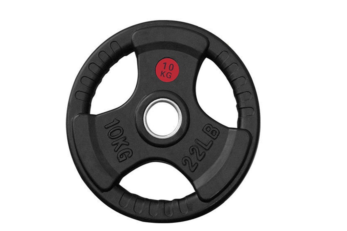 Side view of 10kg Olympic bumper weight plate showing thickness