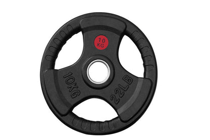 Side view of 10kg Olympic bumper weight plate showing thickness