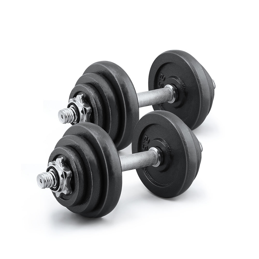 Side view of adjustable dumbbell with weight plates stacked