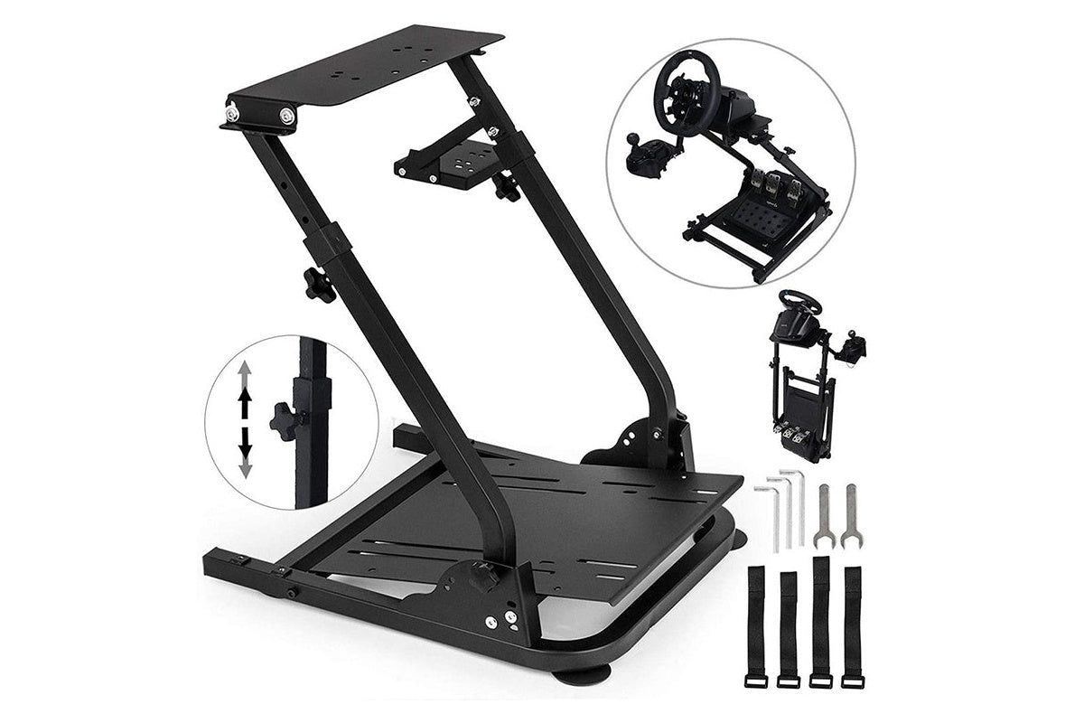 Side view of gaming wheel stand with adjustable height feature
