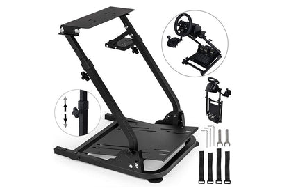 Side view of gaming wheel stand with adjustable height feature