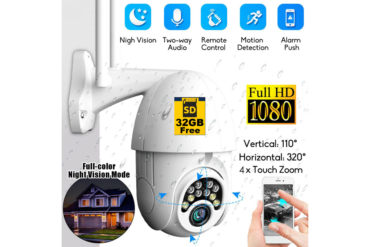 Side angle of wireless PTZ security camera highlighting waterproof casing