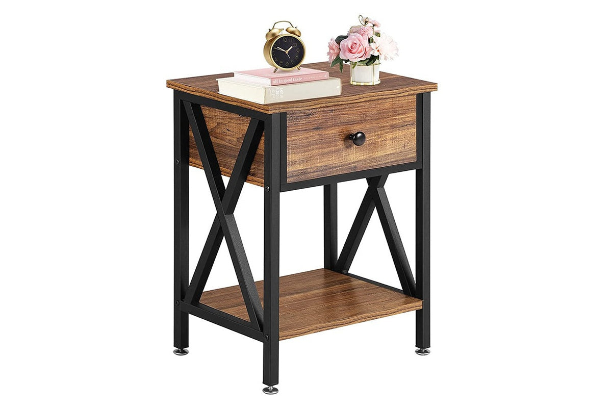 Close up of bedside table drawer handle in antique brown