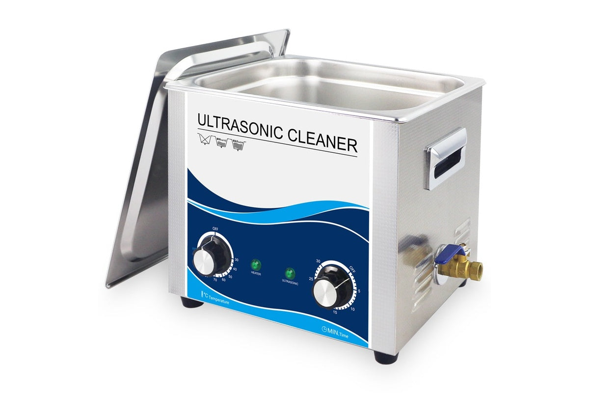 Close up of ultrasonic cleaner 10L control panel with timer