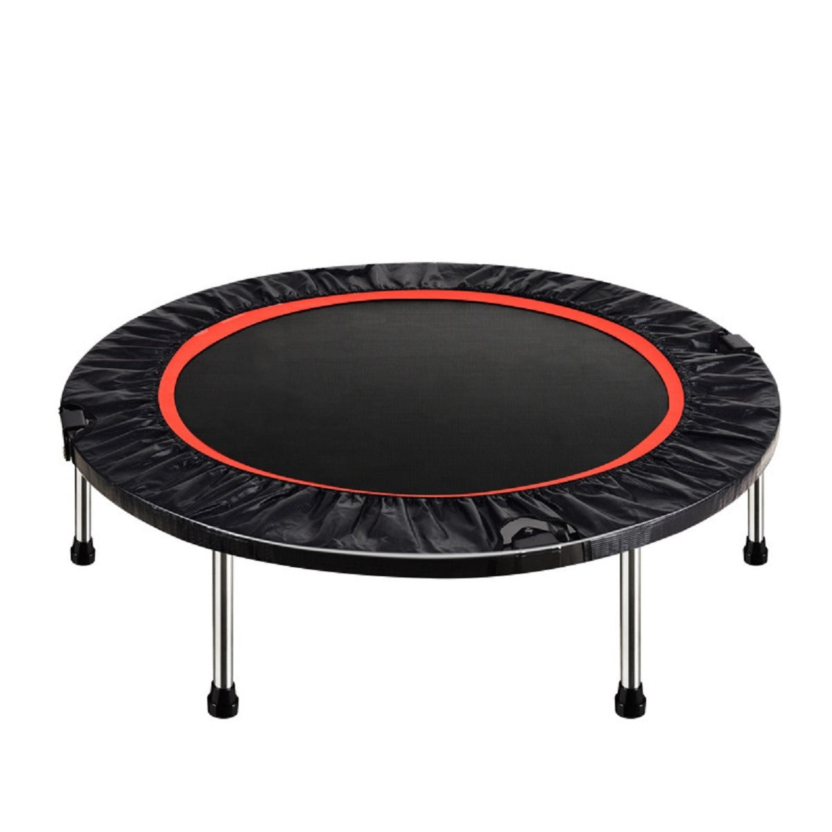 Folded mini trampoline rebounder demonstrating space-saving feature