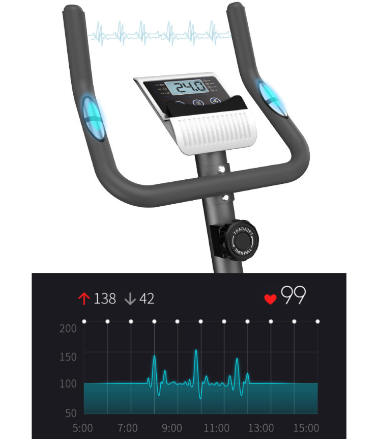 Exercise bike in a home gym setting with wooden floor