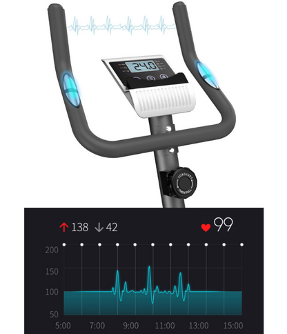 Exercise bike in a home gym setting with wooden floor