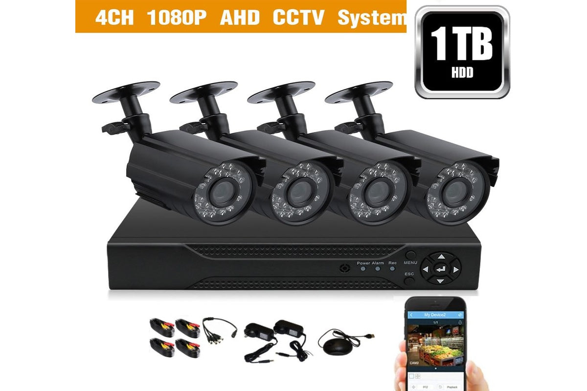 Side angle of Security Camera System CCTV with 20m video cable attached