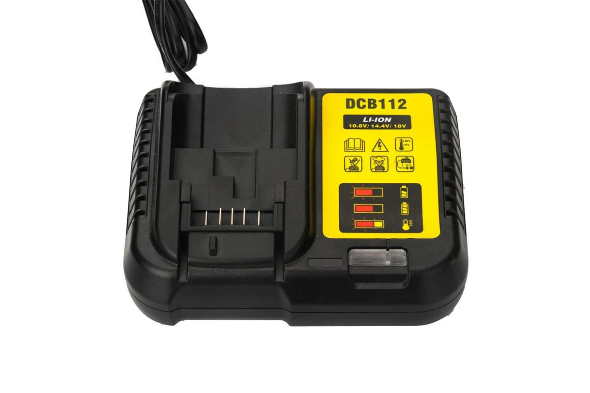 Side angle of Dewalt battery charger DCB112 with ventilation slots