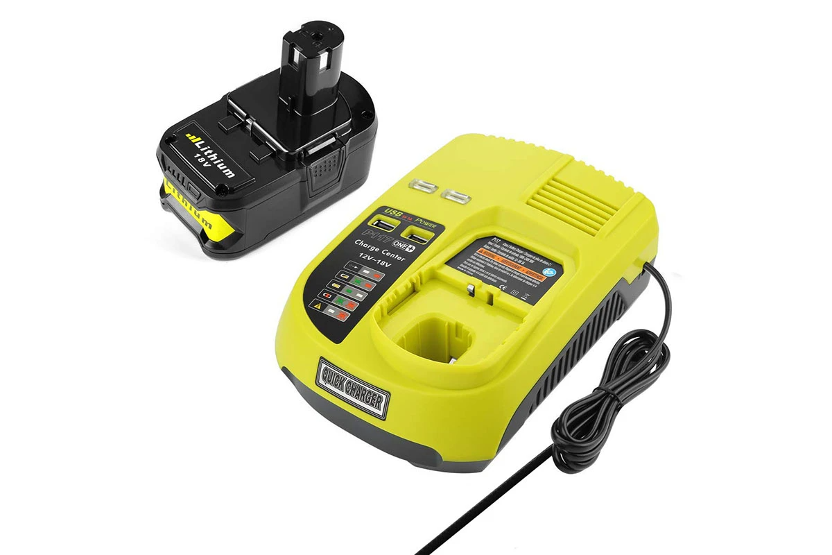 Side angle of Ryobi 18V battery and charger set in black