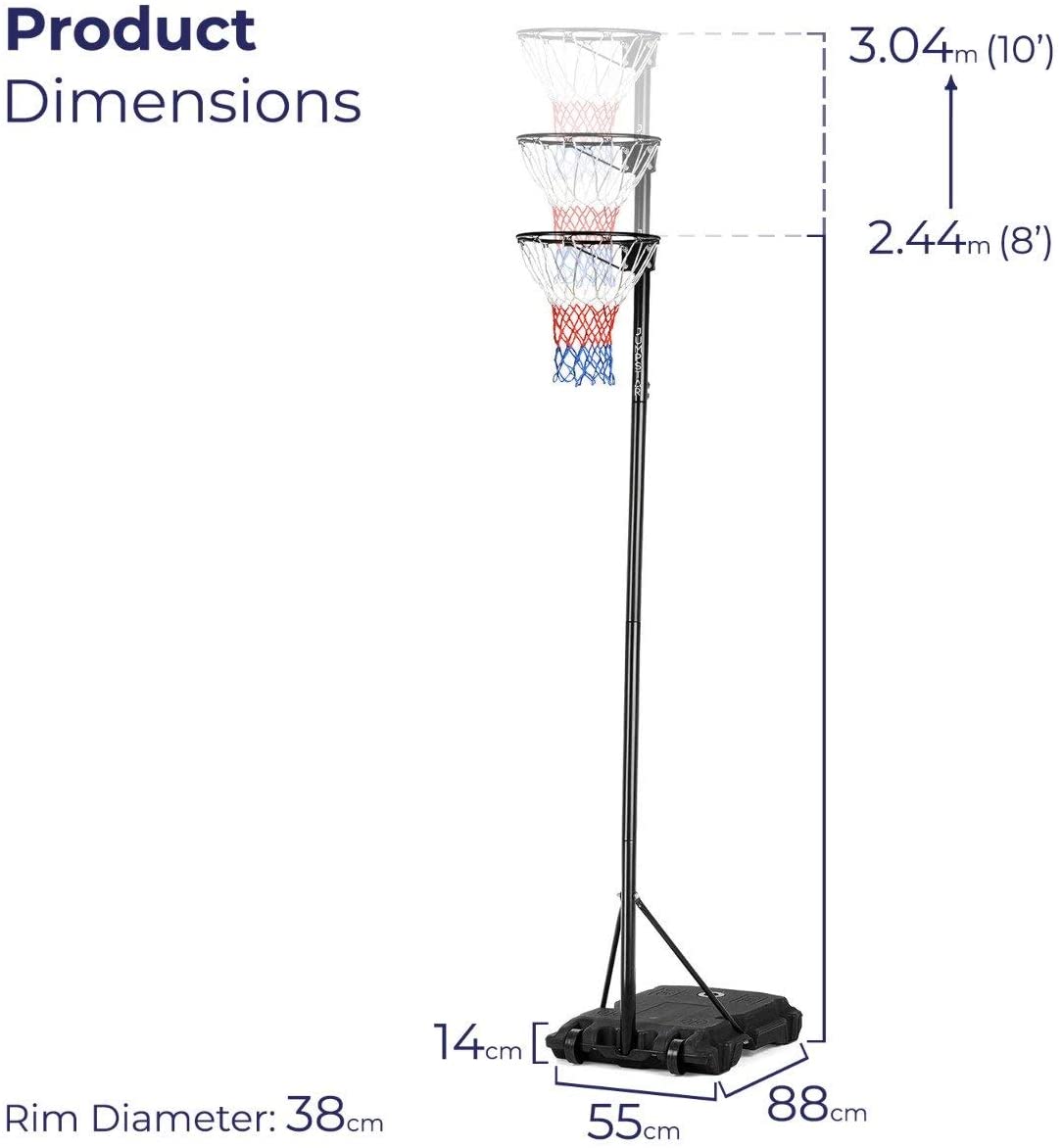 Side view of portable netball stand with wheeled base