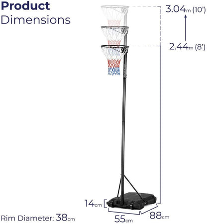 Side view of portable netball stand with wheeled base