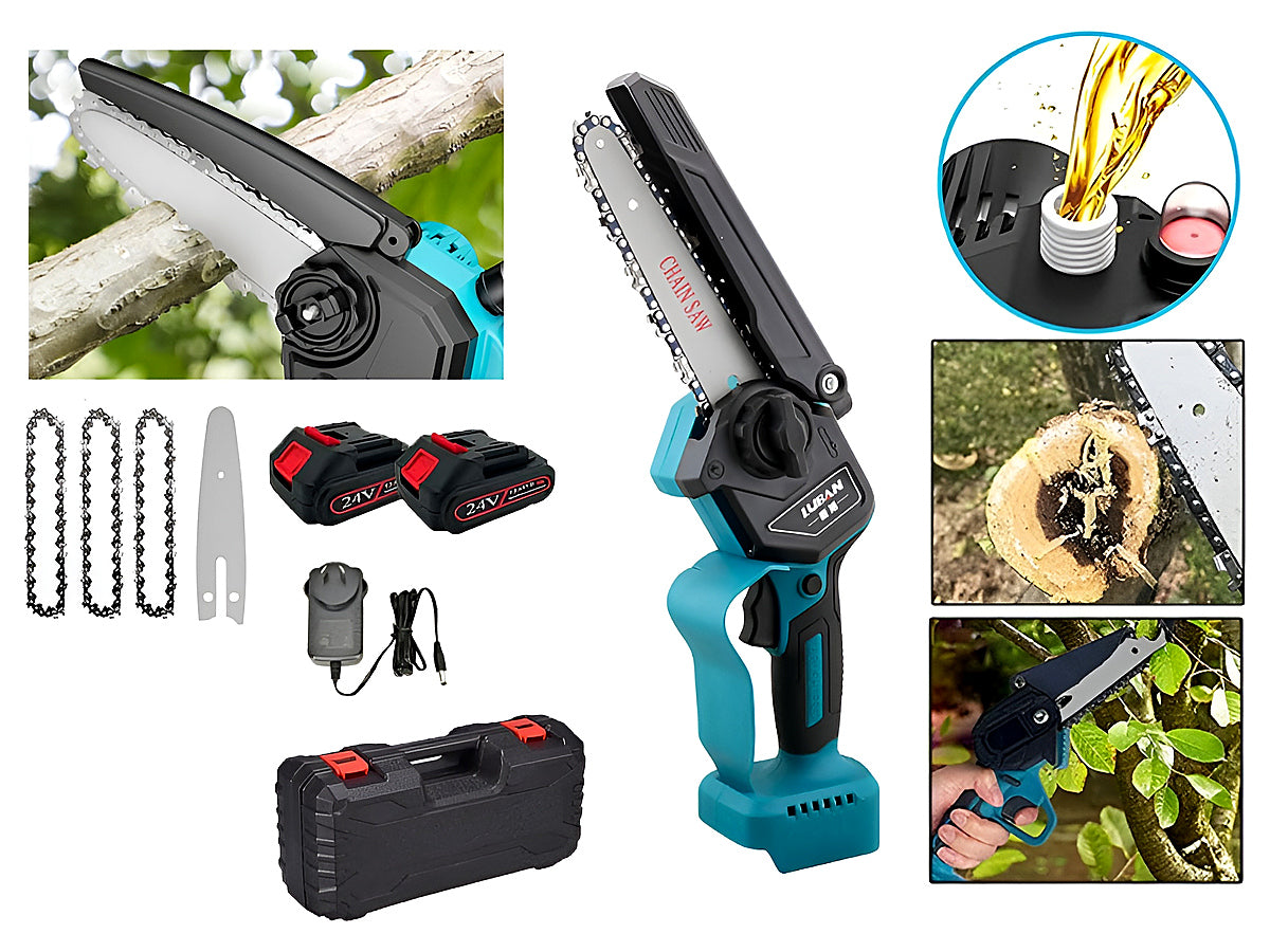 Close up of mini chain saw 6 inch metal chain and guide plate