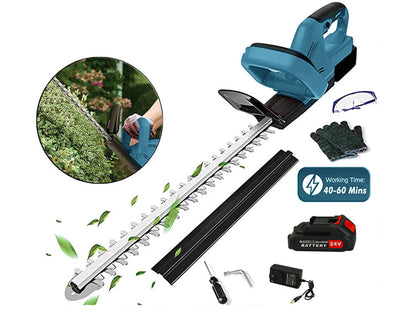 Side view of cordless hedge trimmer with soft-grip handle