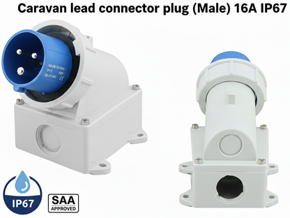 Caravan lead connector plug connected to outdoor power cable in use
