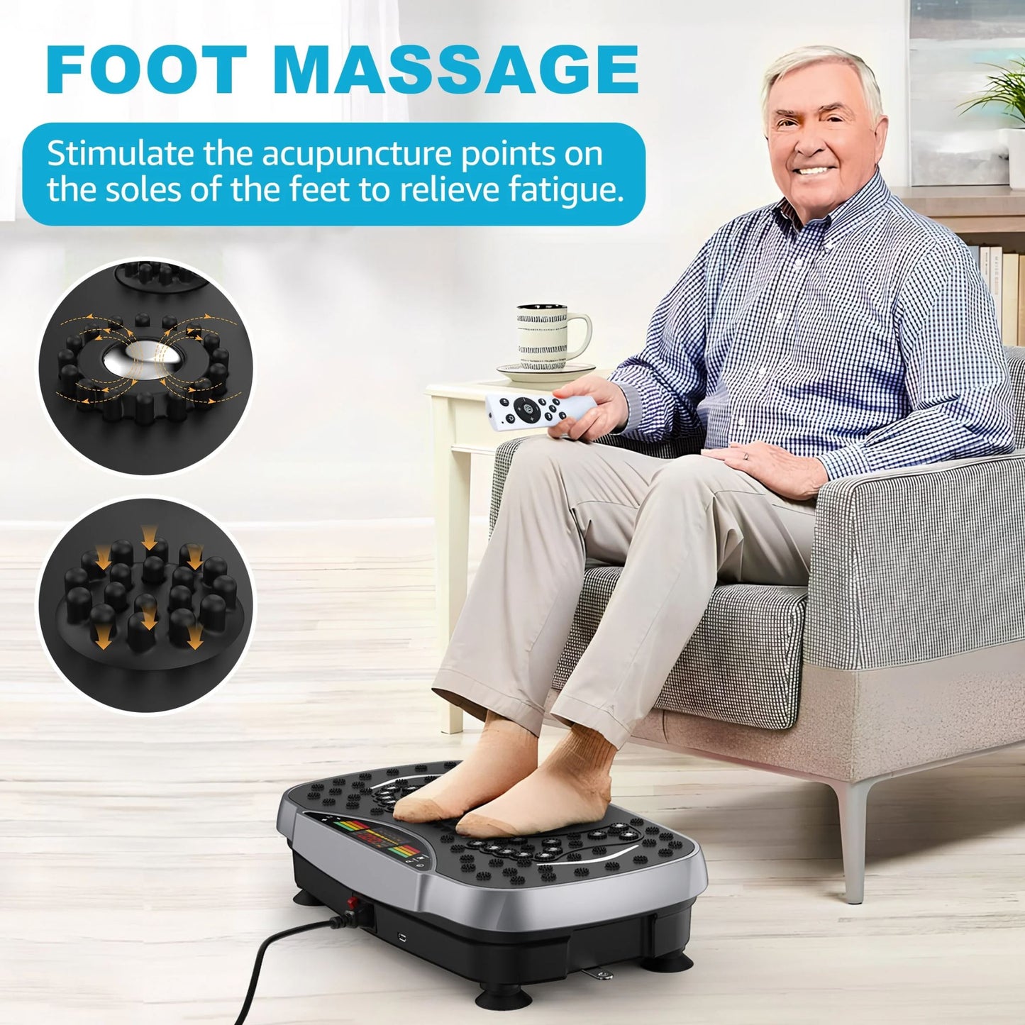 Close-up of black and silver vibration plate exercise machine surface