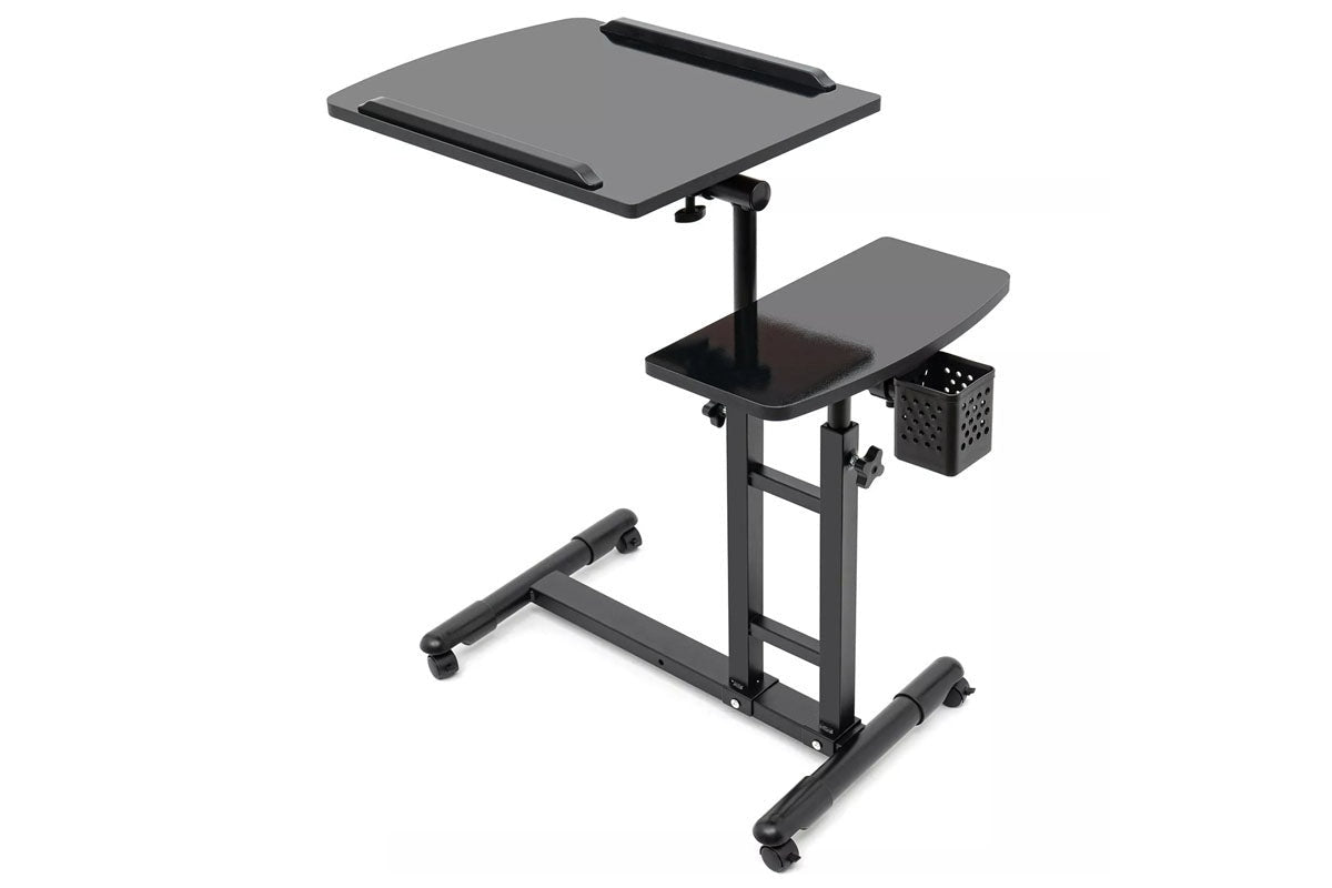 Side view of laptop table desk stand showing wheels for mobility