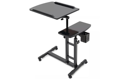 Side view of laptop table desk stand showing wheels for mobility