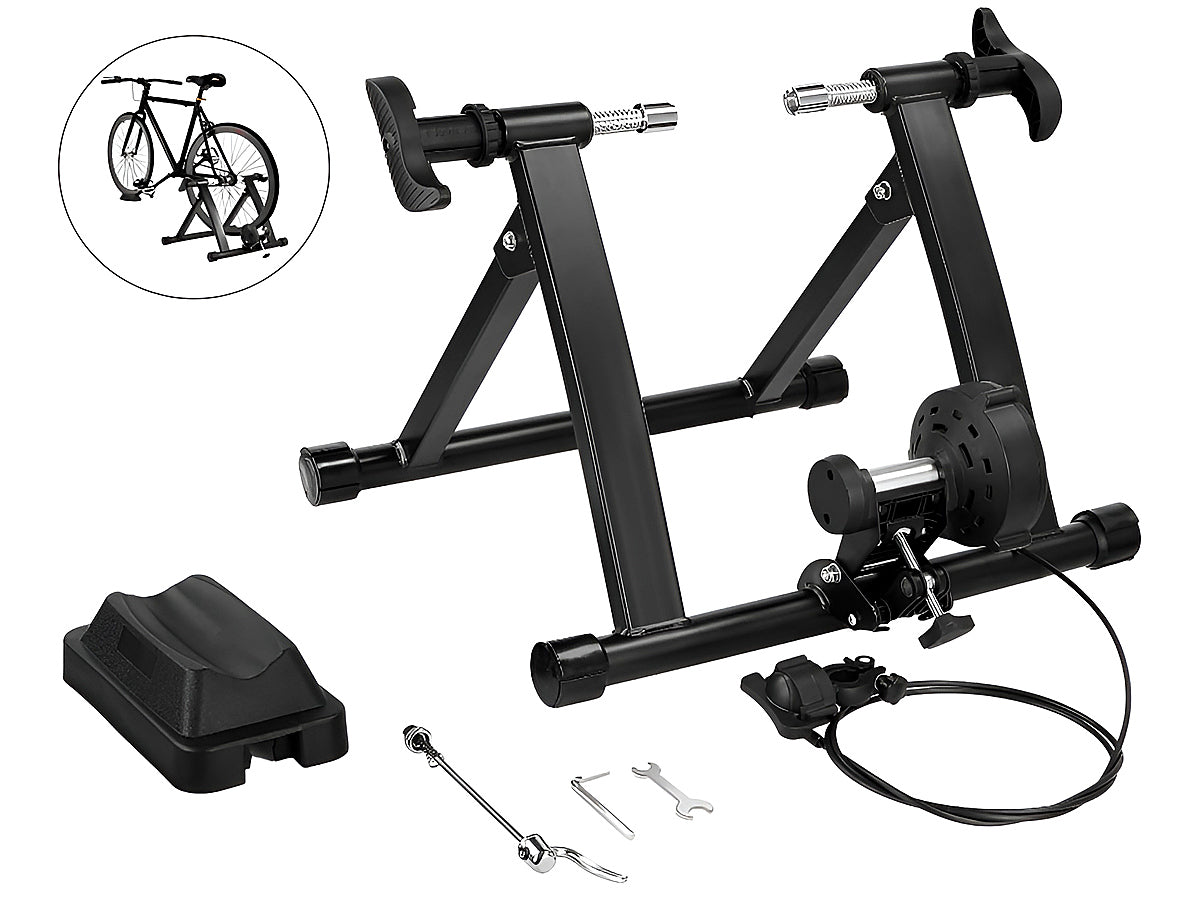 Bike trainer holding mountain bike with quick release wheels