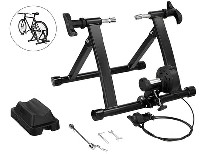 Bike trainer holding mountain bike with quick release wheels