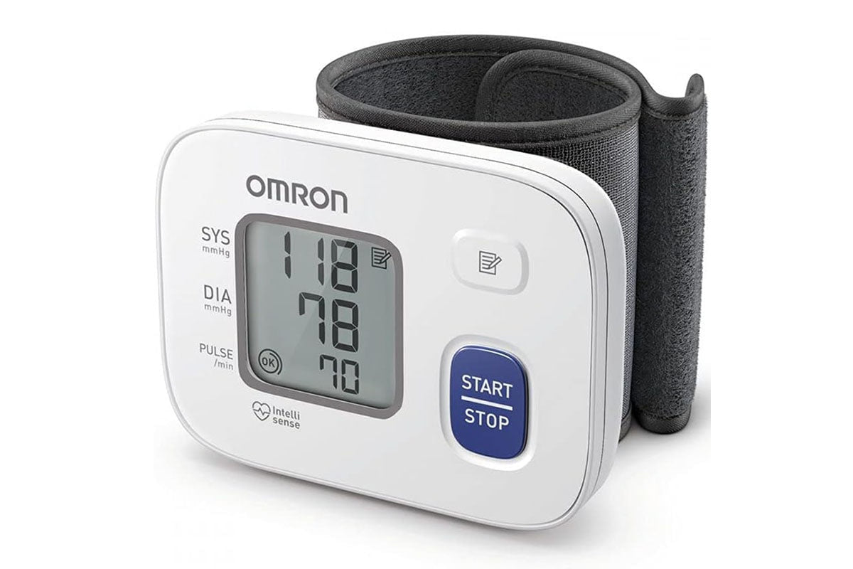 Side angle of Omron blood pressure monitor wrist digital showing cuff