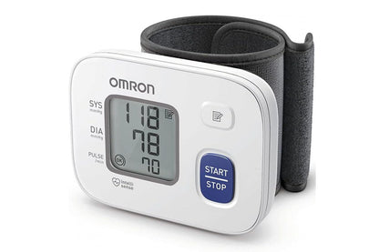 Side angle of Omron blood pressure monitor wrist digital showing cuff