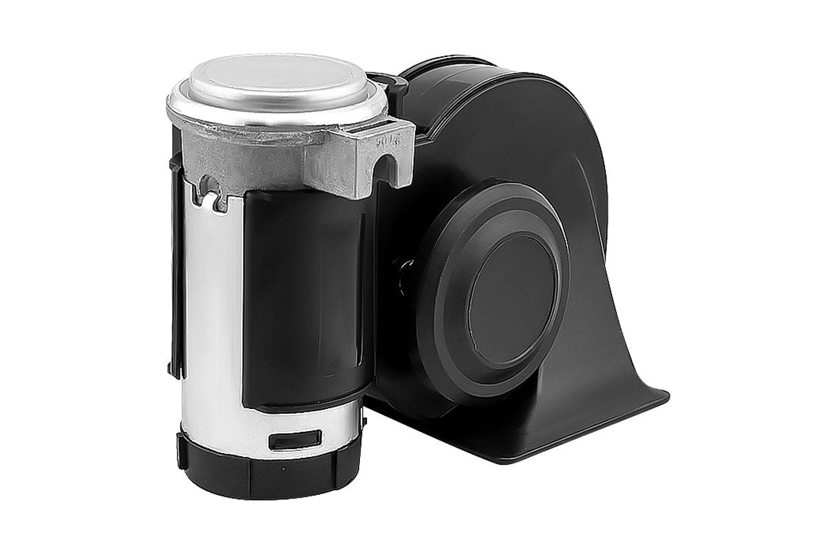 Side angle of car horn air horn 12V showing black ABS shell