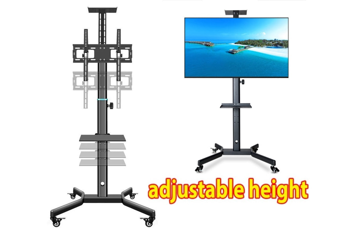Side angle of TV stand height adjustable with lockable wheels