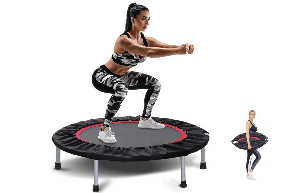 Side view of trampoline rebounder with foldable metal frame
