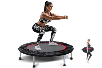 Side view of trampoline rebounder with foldable metal frame