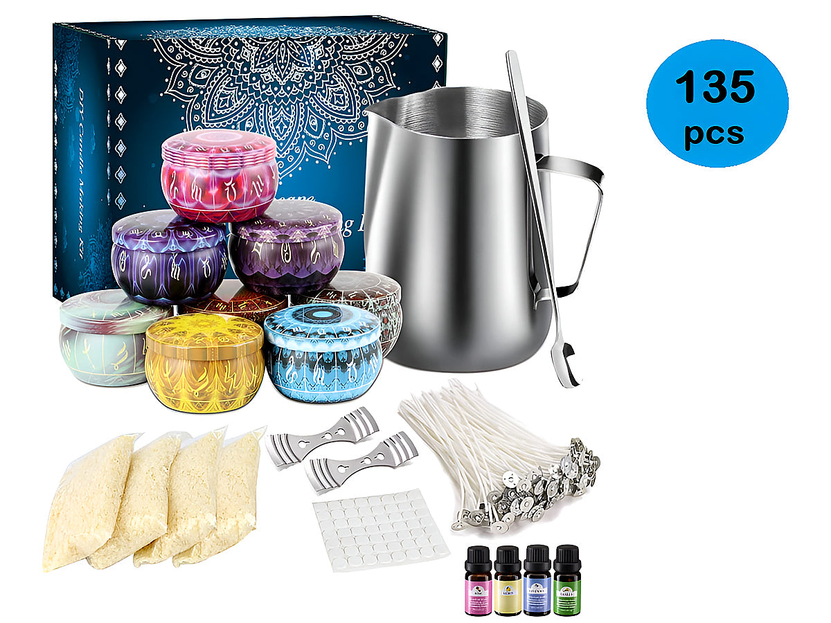 Top view of candle making kit showing colour blocks and oils