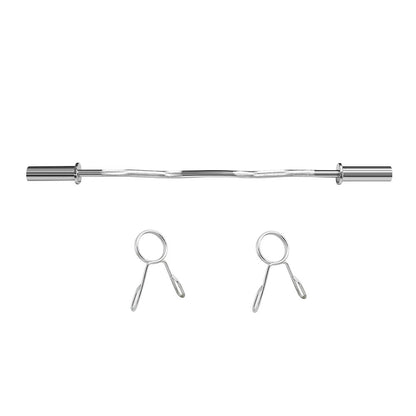 Side view of Olympic barbell bar with chrome spinlock collars attached