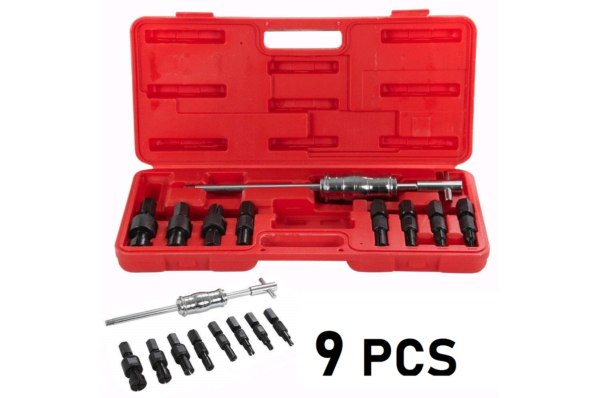 Close up of 9pc bearing puller collets in carrying case