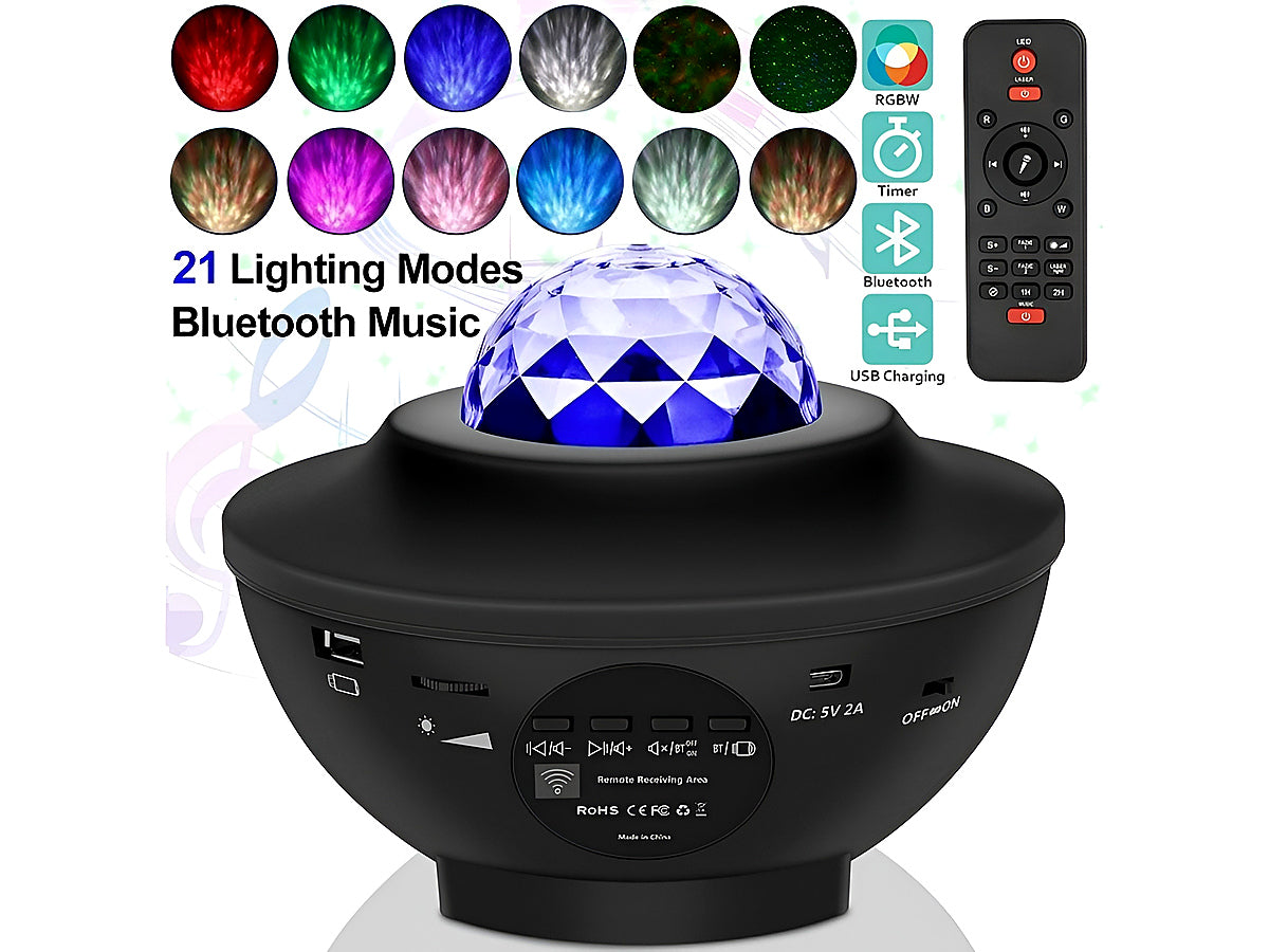 Black plastic star night light projector with Bluetooth speaker
