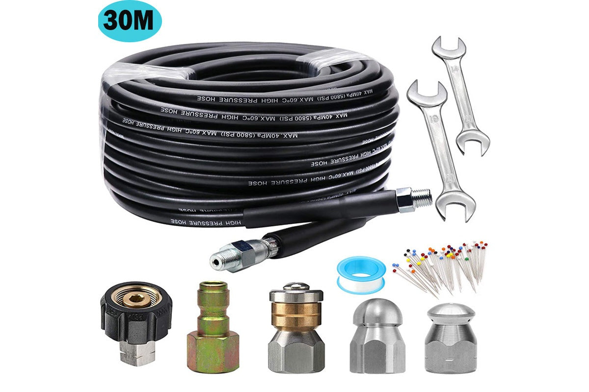 Close up of sewer jetting nozzle on drain pipe cleaning kit