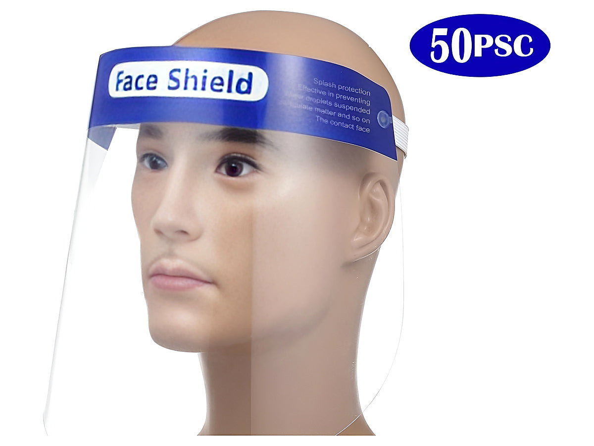 Side angle of protective face shield with elastic band for secure fit