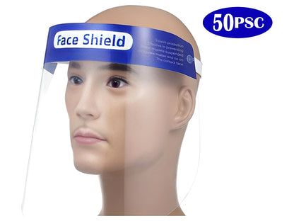 Side angle of protective face shield with elastic band for secure fit