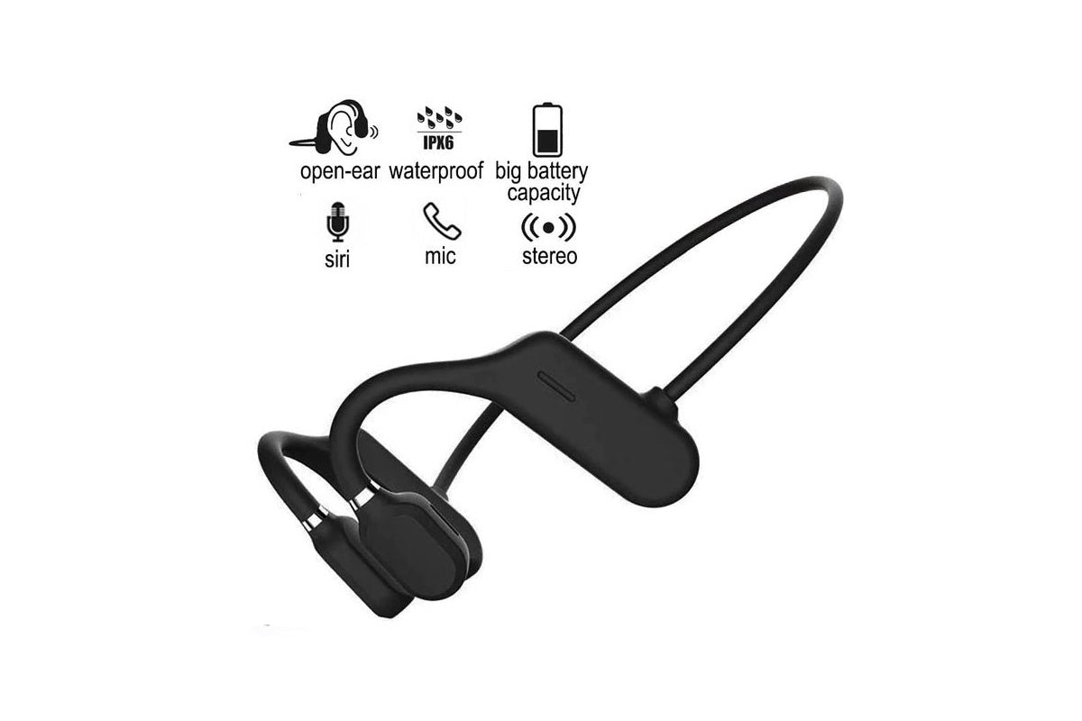 Wireless Bluetooth bone conduction headphones resting on a wooden table