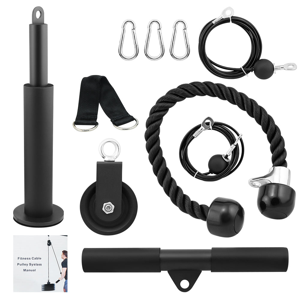 Fitness Lift Pulley System with hoist buckles and accessories laid out