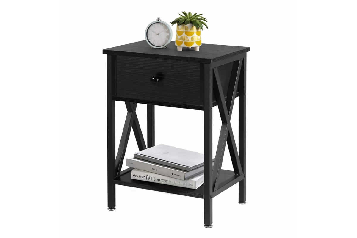 Side angle of bedside table showing open shelf space