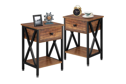 Side view of bedside table showing open shelves