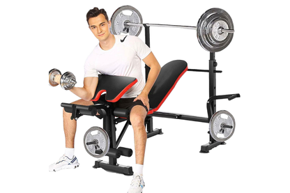 Side view of adjustable weight bench with iron and steel frame