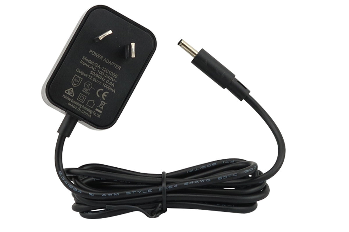Side angle of 12V 1A AC to DC power adapter in black