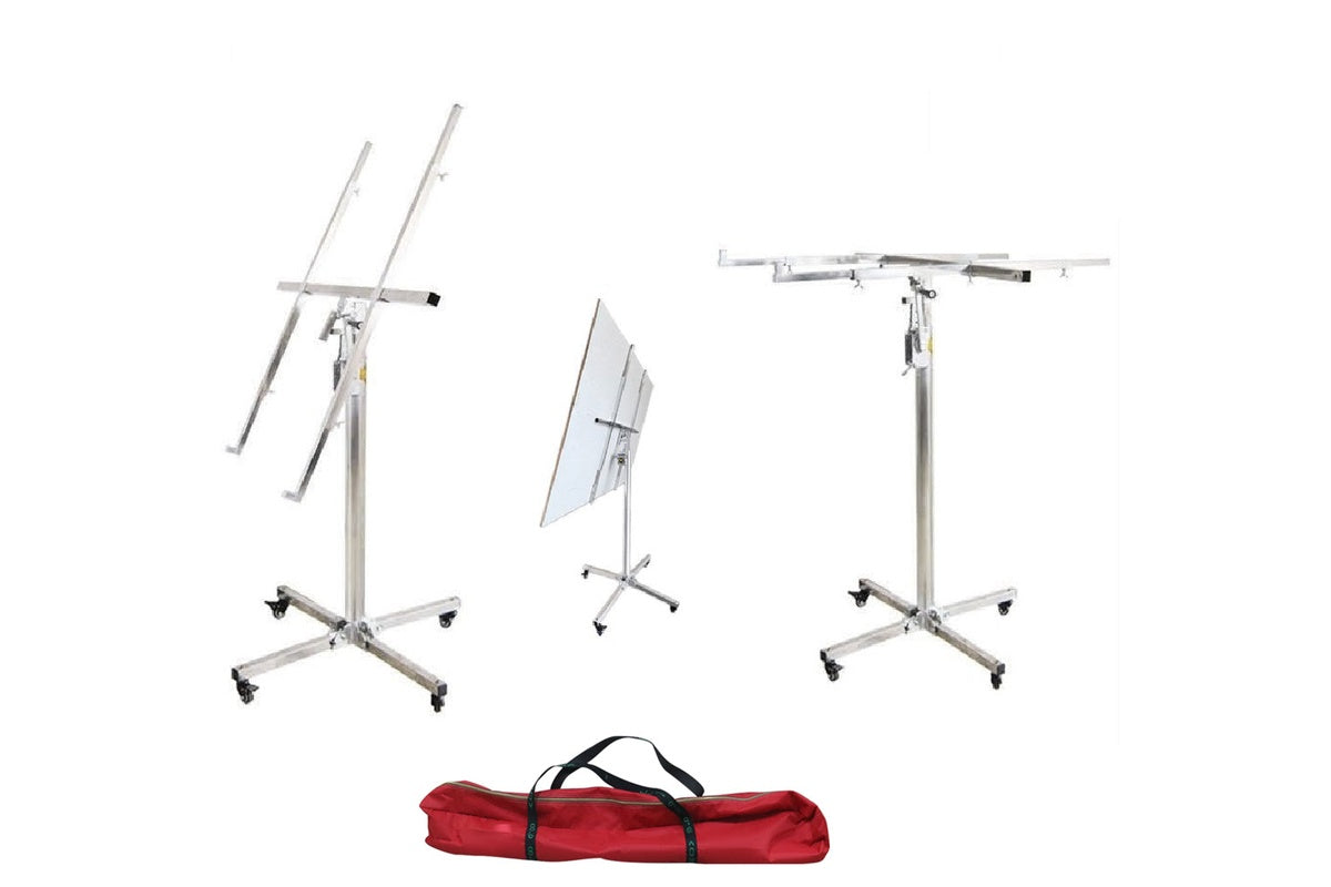 Side view of drywall panel lifter showing caster wheels