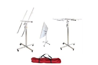 Side view of drywall panel lifter showing caster wheels