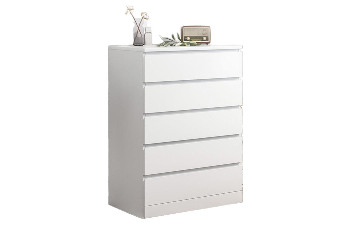 Side angle of tall boy drawers in white particle board material