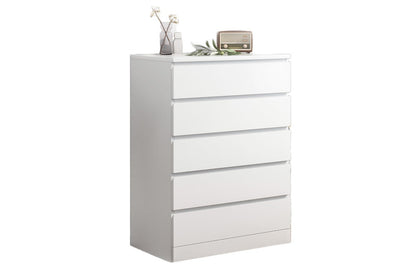 Side angle of tall boy drawers in white particle board material