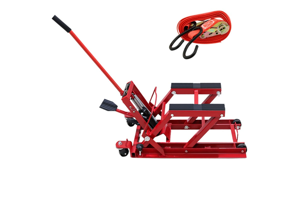Close up of hydraulic lifting platform with rubber protective pad