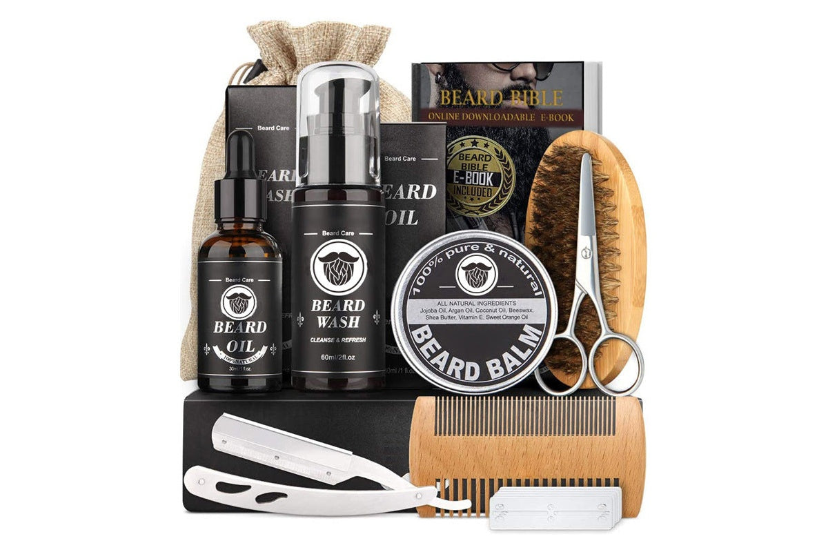 Close up of stainless steel beard scissors in grooming kit