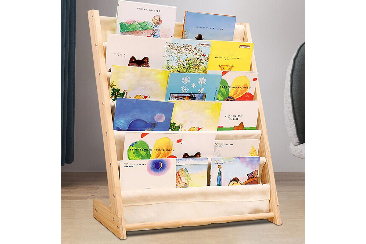 Side angle of kids bookshelf showing 6 layer storage design